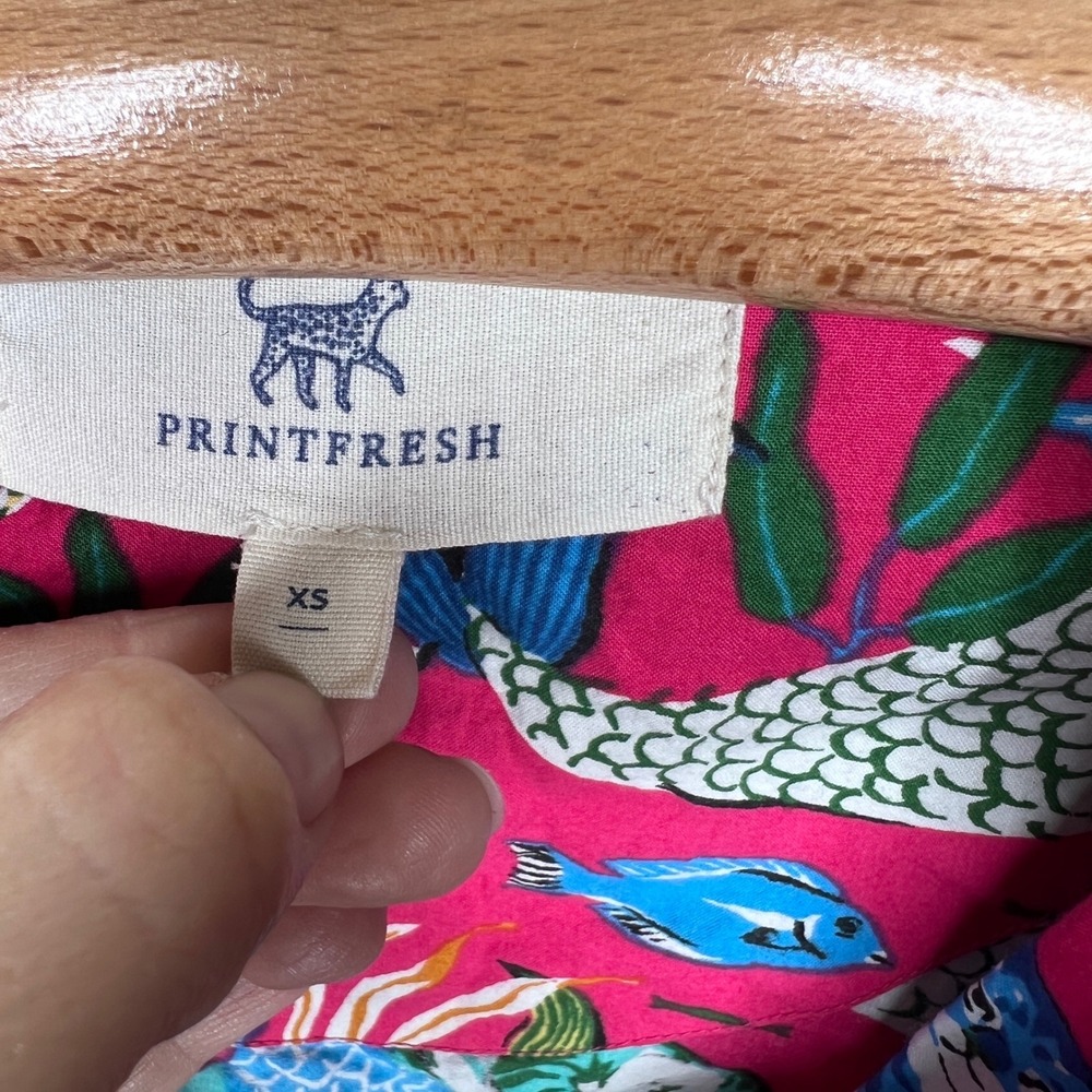 Printfresh Meowing Mermaids Cats Pink Organic Cotton Pajama Top XS Button Up - Picture 4 of 9